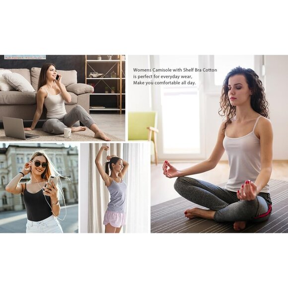 Women's Cotton Camisole 3 Pack with Built-in Shelf Bra Adjustable Straps - Picture 4 of 5